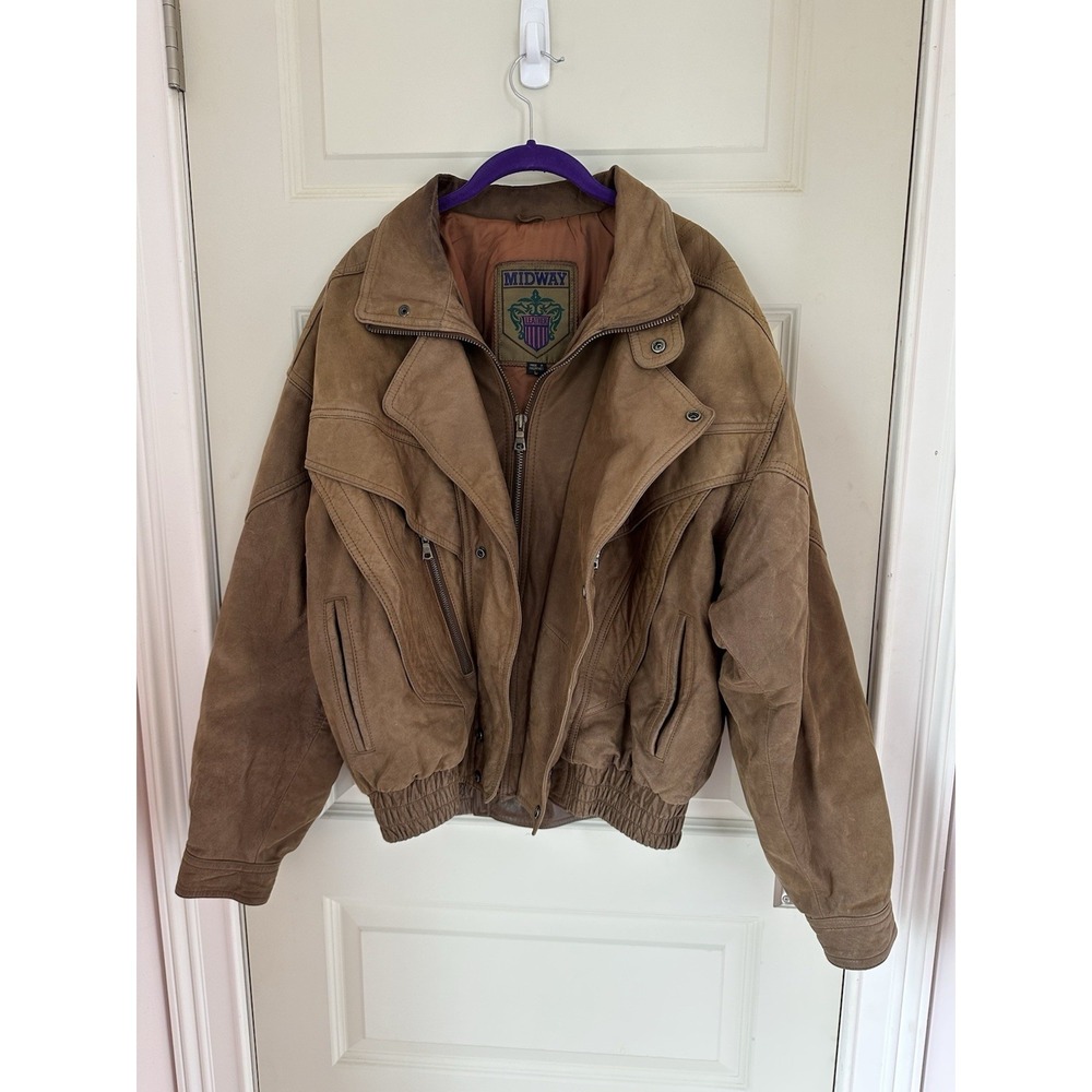 Vintage 80s Midway Tan‎ Brown Leather Bomber Jacket Men Size Large Super Soft